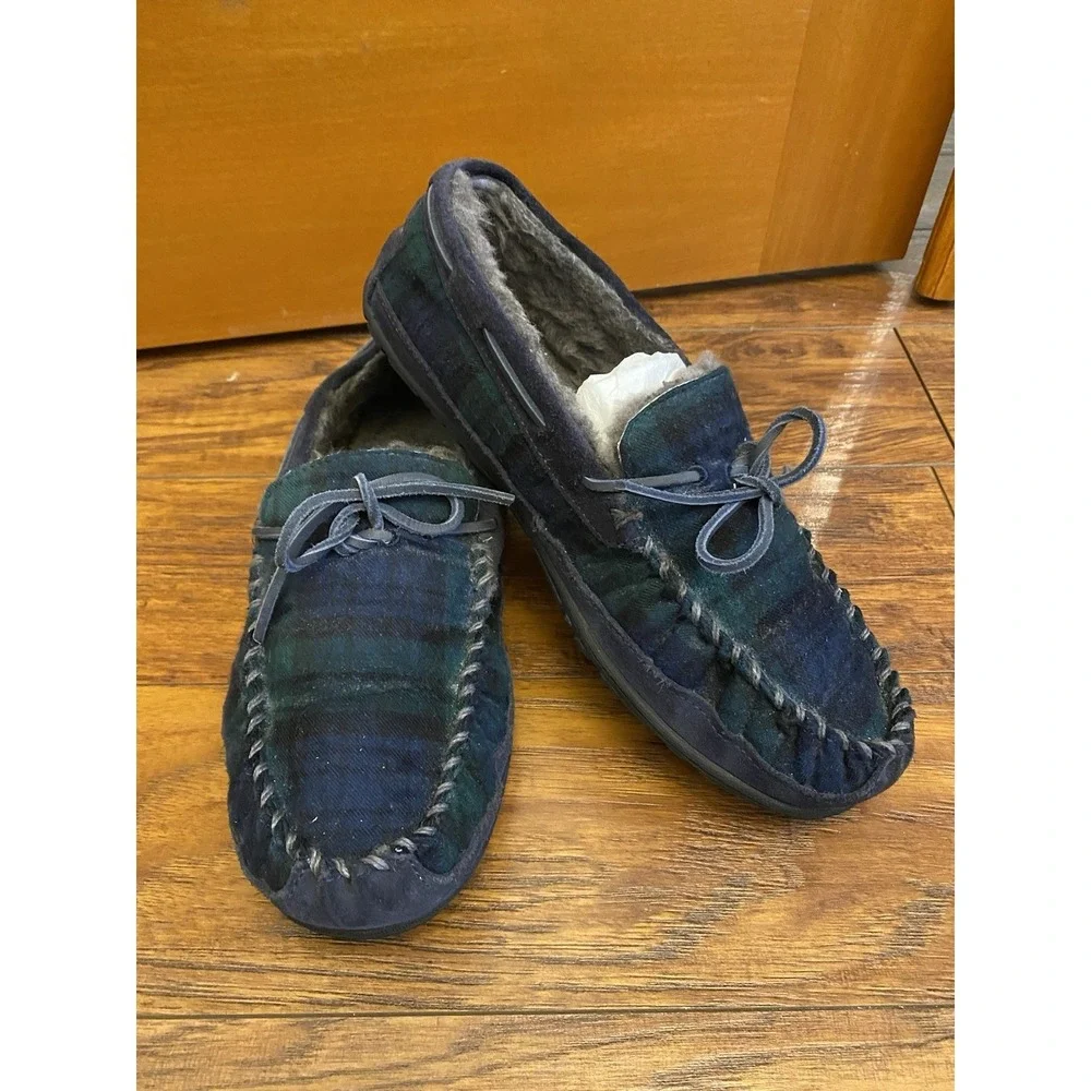 L.L.Bean Men's Wicked Good Plaid Flannel Moccasin Slippers Size 9 Blue Green